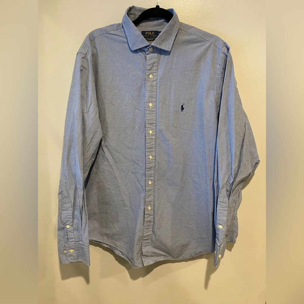 Polo Ralph Lauren Mens Custom Fit Blue Gingham Plaid 17.5 36-37 Dress Shirt Pony - Picture 2 of 9